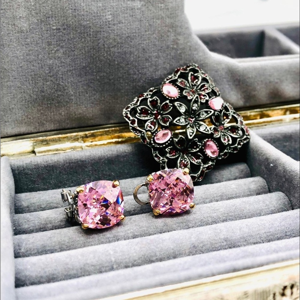 Vintage Pink Candy Crystal Earrings & Brooch